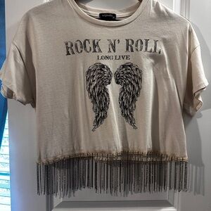 •	✨ NWT-Style Rock N’ Roll Graphic Fringe Top Rhinestone Detail – XL
